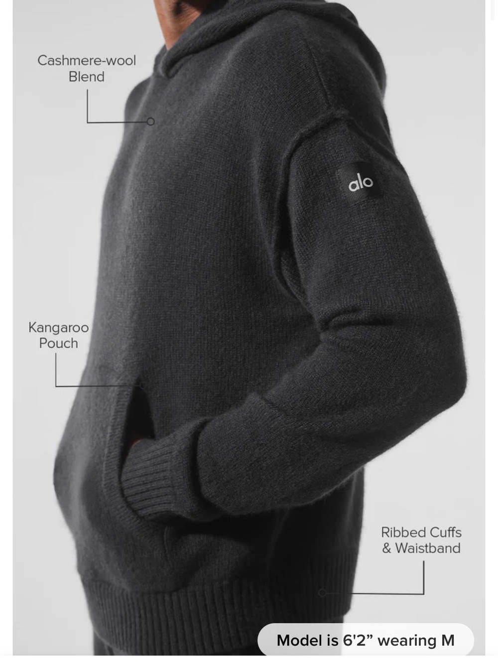 ALO Yoga Men's Charcoal Black Cashmere-Wool Hoodie Sweater